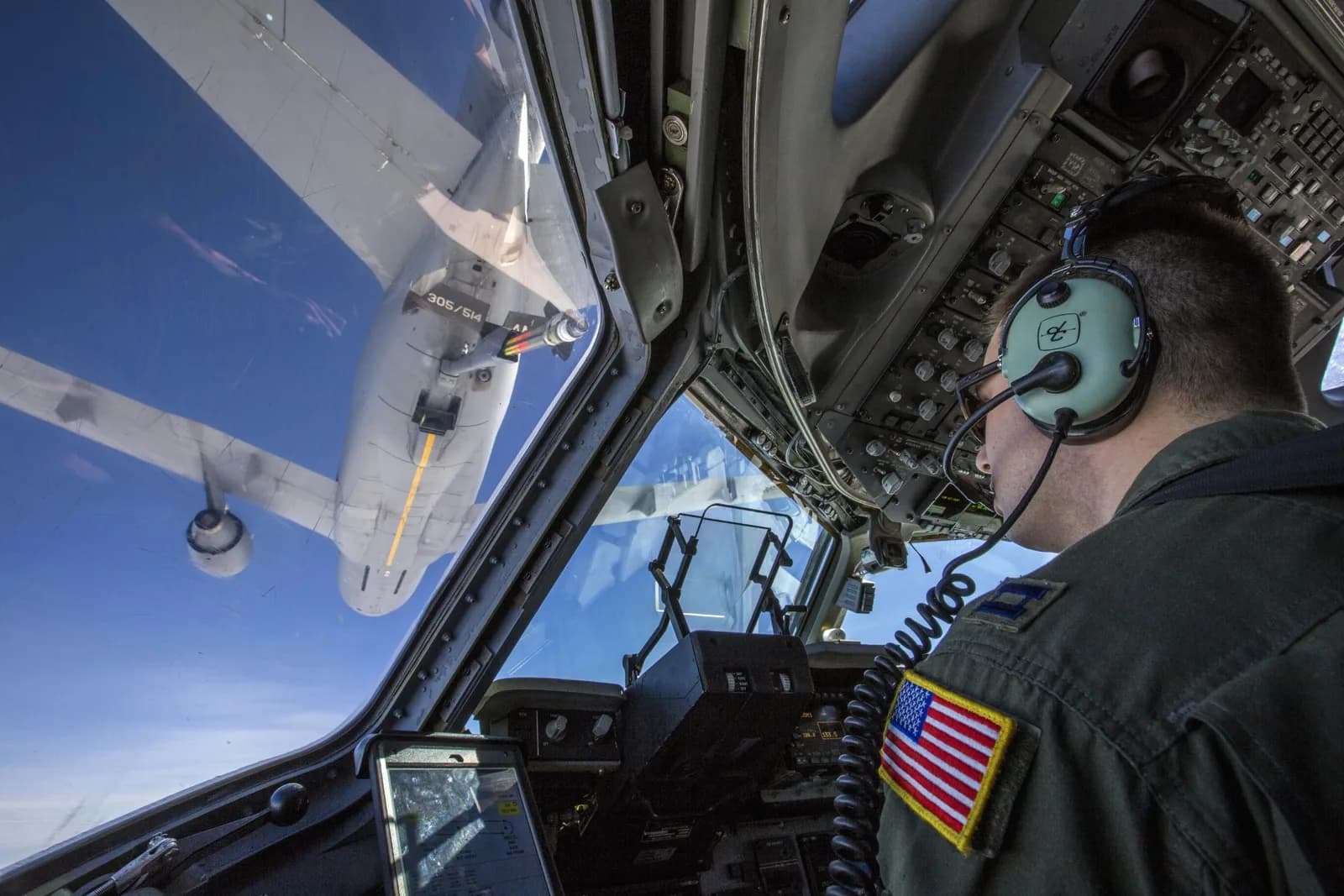 C-17 flight deck during an aerial refueling, U.S. Air Force photo